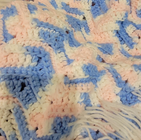 Blue, pink, and white baby Afghan hand-made with Fringe - Picture 3 of 7